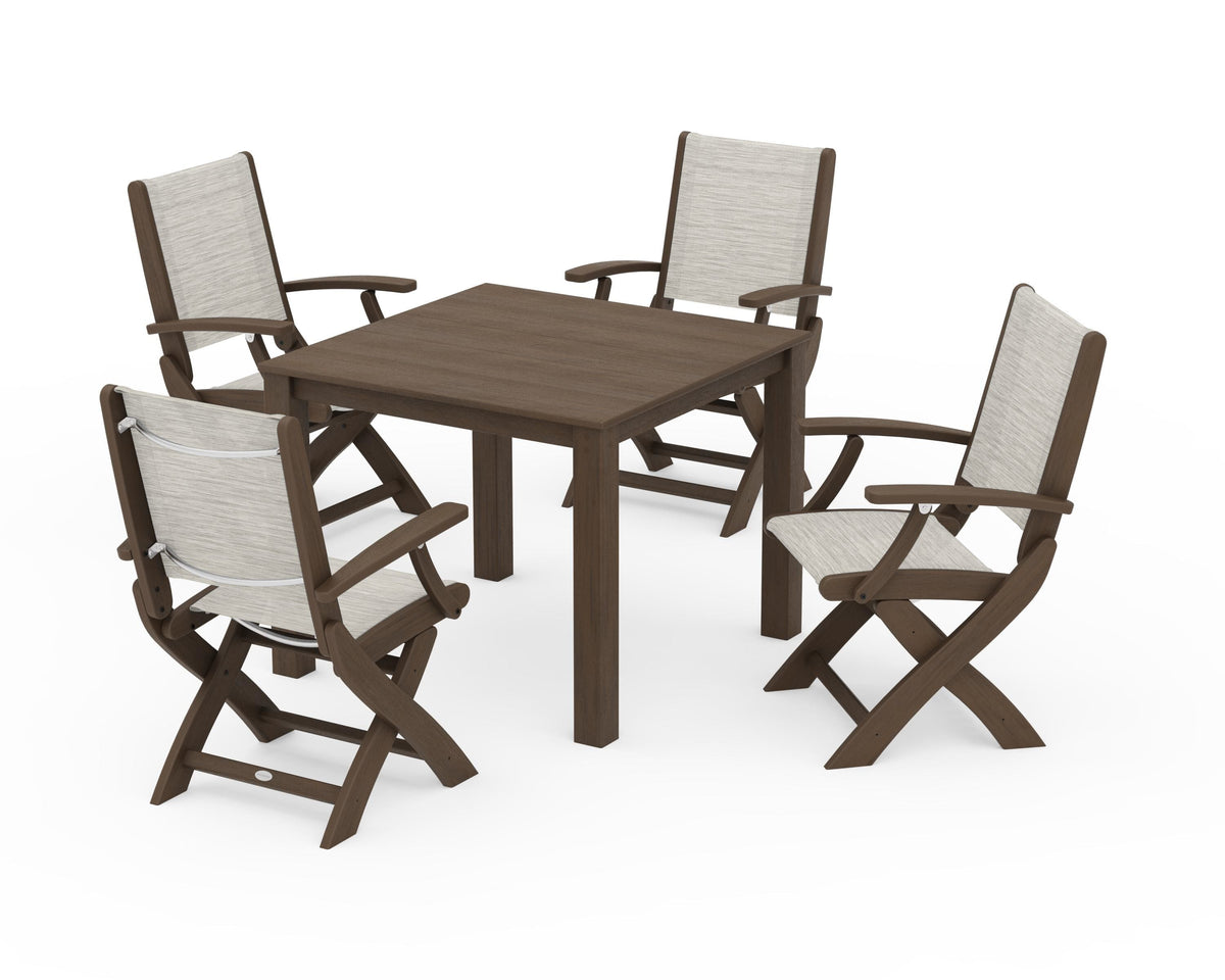 POLYWOOD Coastal Folding Chair 5-Piece Parsons Dining Set in Kona / Birch