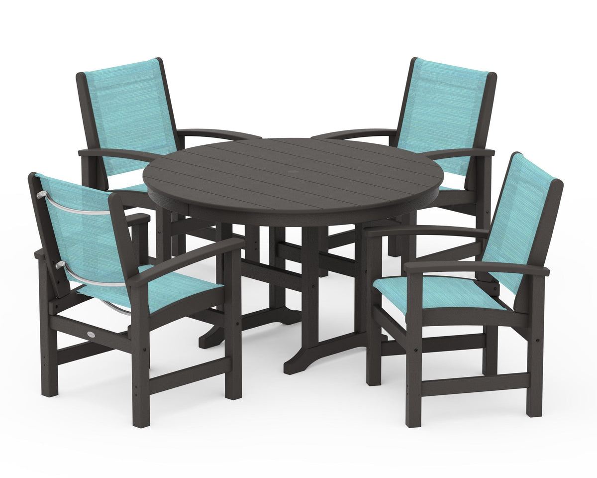 POLYWOOD Coastal 5-Piece Round Farmhouse Dining Set in Vintage Coffee / Dupioni Aquamarine