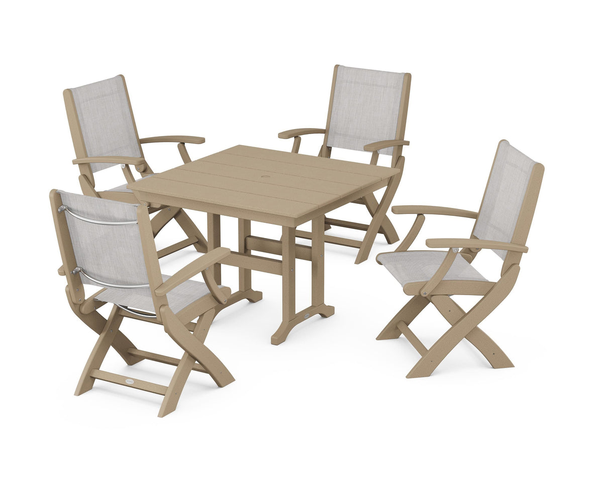 POLYWOOD Coastal Folding Chair 5-Piece Farmhouse Dining Set in Vintage Sahara / Parchment