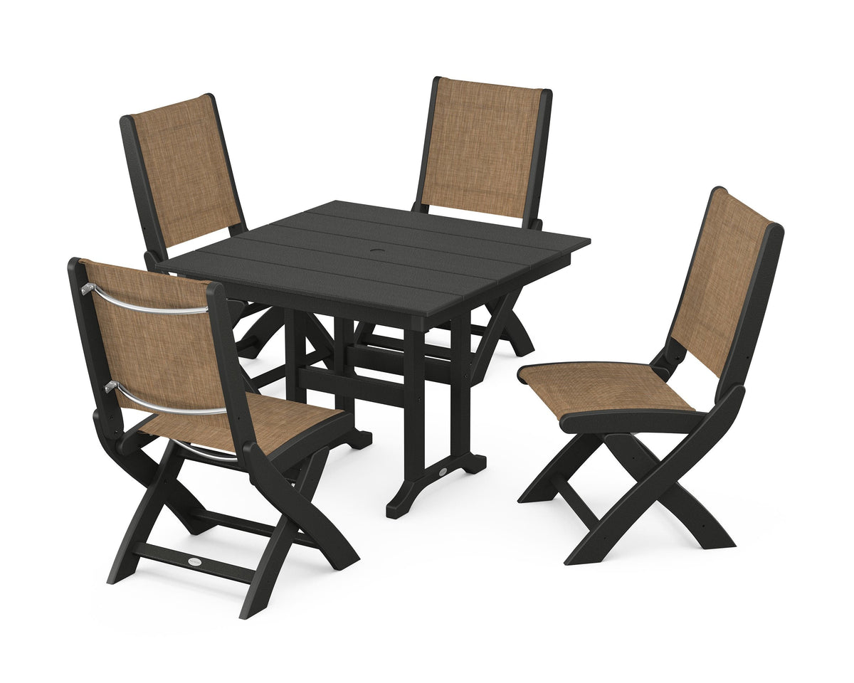 POLYWOOD Coastal Folding Side Chair 5-Piece Farmhouse Dining Set in Black / Burlap