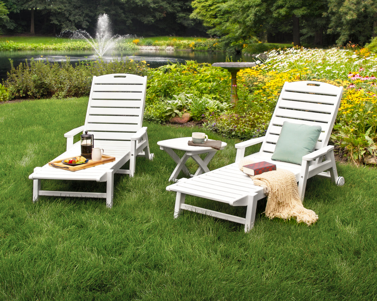POLYWOOD Nautical 3-Piece Chaise Set with Nautical Side Table in White in an outdoor setting