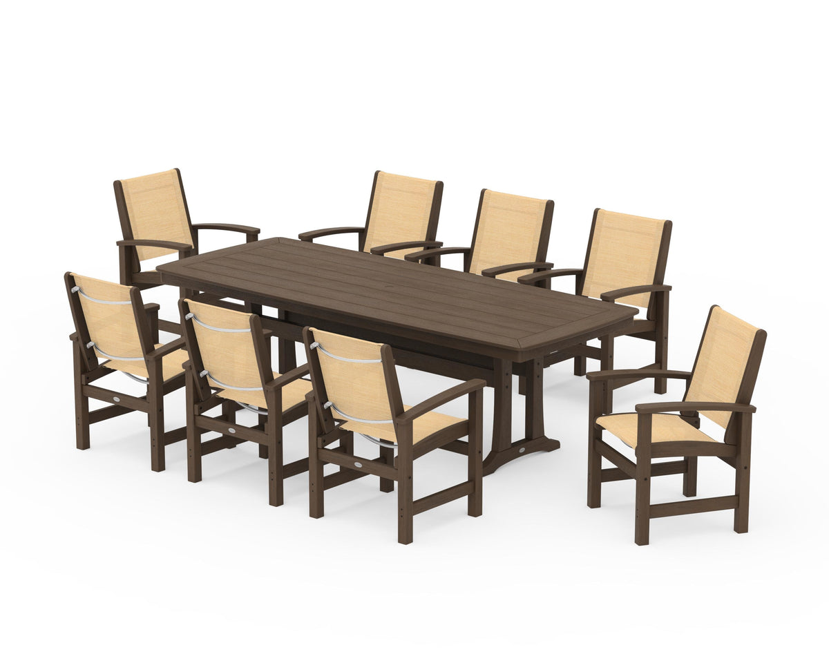POLYWOOD Coastal 9-Piece Dining Set with Trestle Legs in Kona / Dupioni Apricot