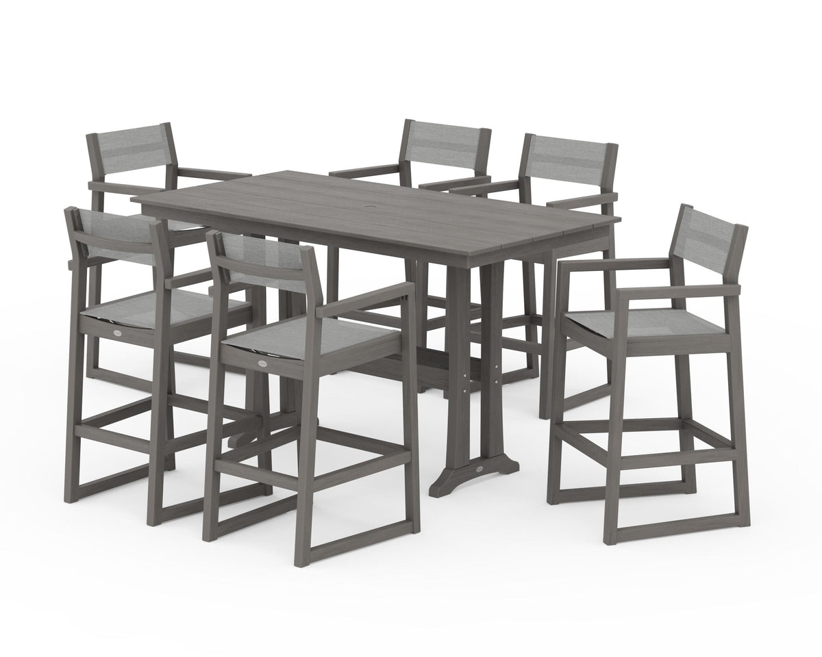 POLYWOOD EDGE Sling Arm Chair 7-Piece Farmhouse Bar Set with Trestle Legs in Driftwood / Metallic
