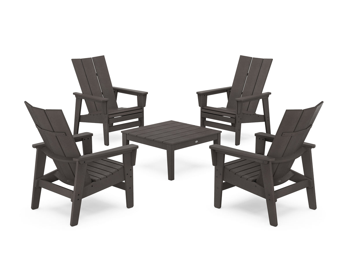 POLYWOOD 5-Piece Modern Grand Upright Adirondack Chair Conversation Group in Vintage Coffee