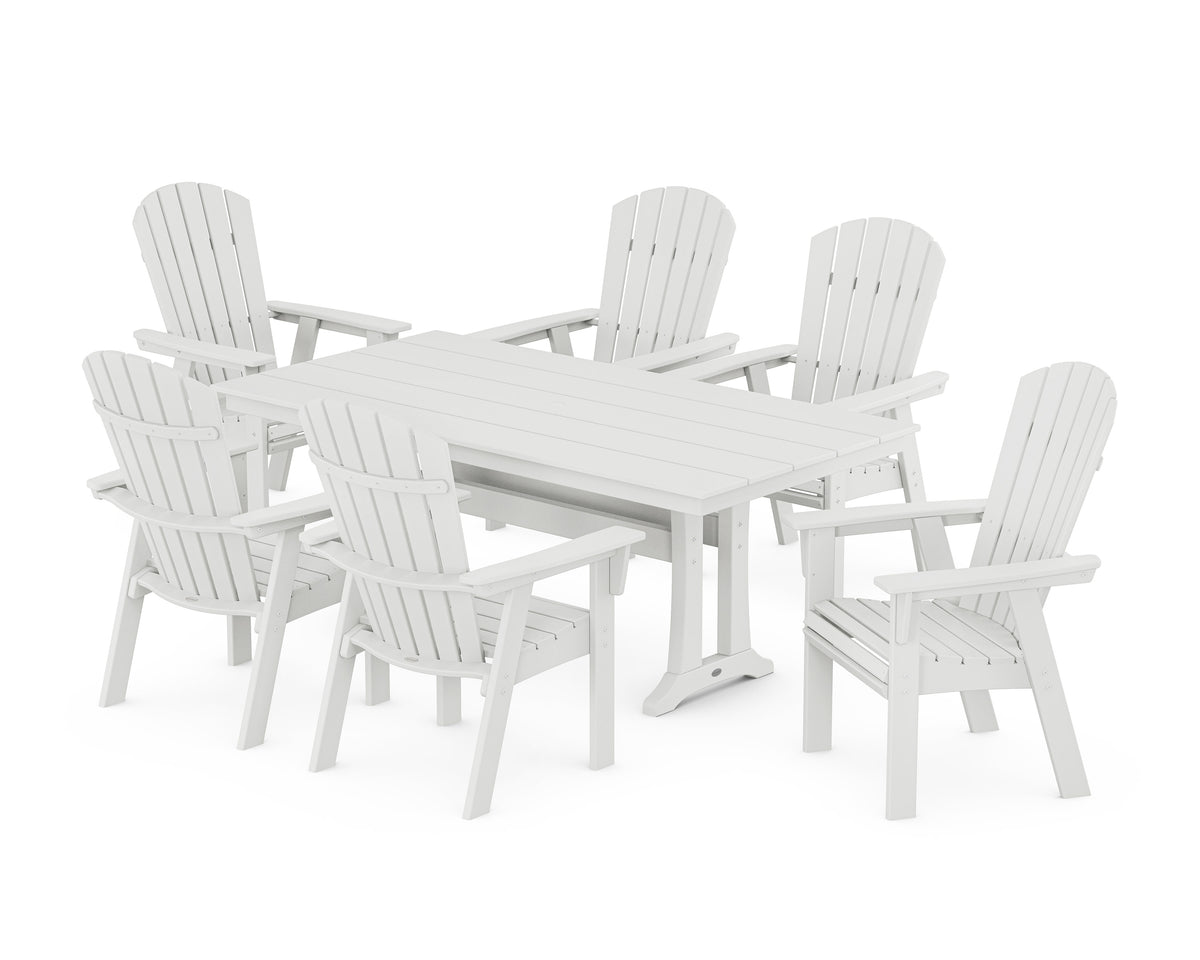 POLYWOOD Nautical Curveback Adirondack 7-Piece Farmhouse Dining Set with Trestle Legs in White