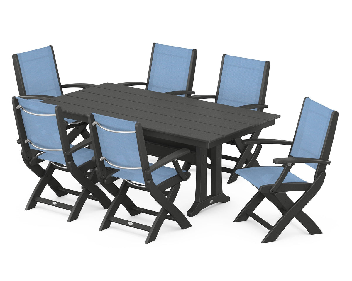 POLYWOOD Coastal Folding Arm Chair 7-Piece Farmhouse Dining Set with Trestle Legs in Black / Poolside
