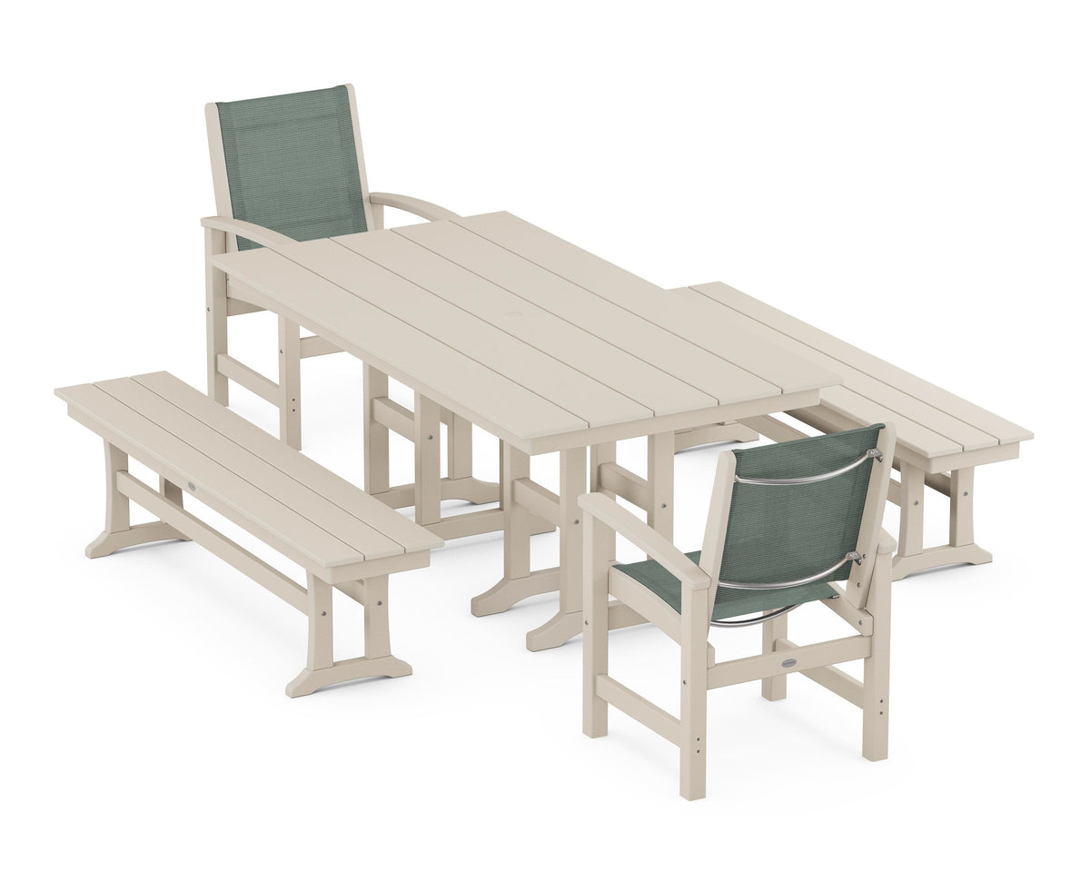 POLYWOOD Coastal 5-Piece Farmhouse Dining Set with Farmhouse 37" x 72" Dining Table in Sand / Dupioni Sea Mist