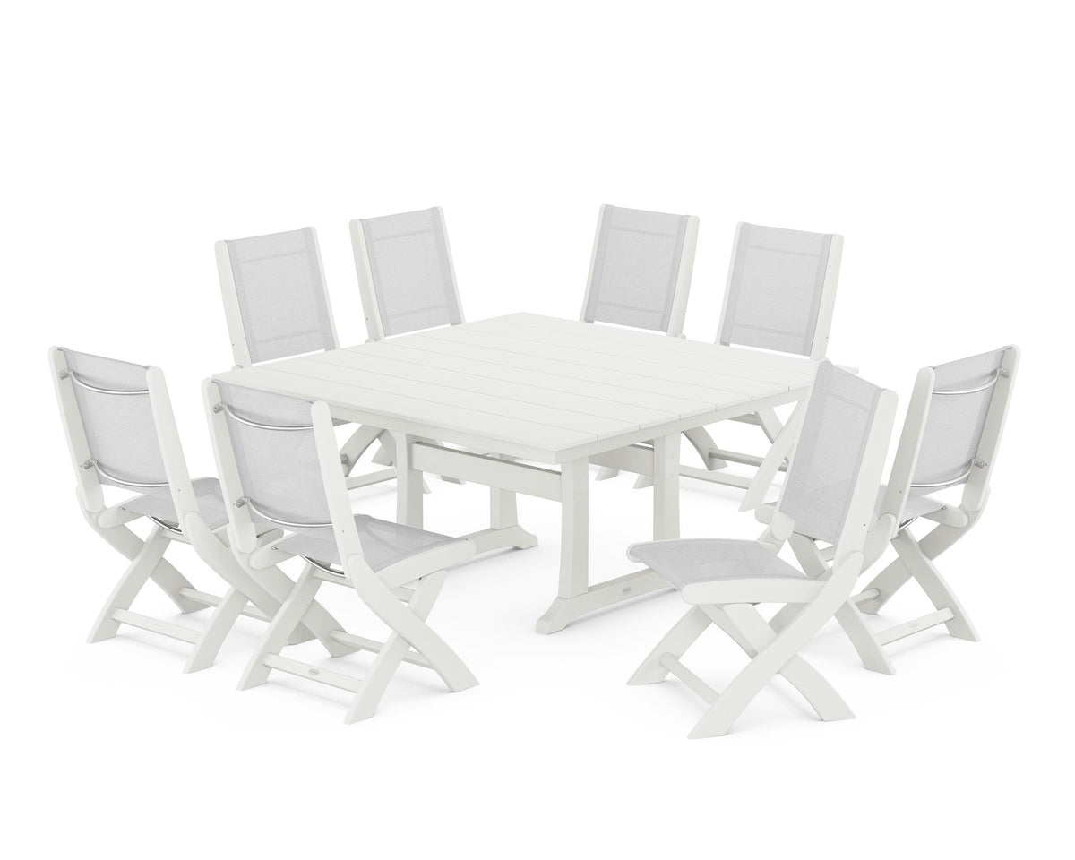 POLYWOOD Coastal Folding Side Chair 9-Piece Farmhouse Dining Set in Vintage White / White