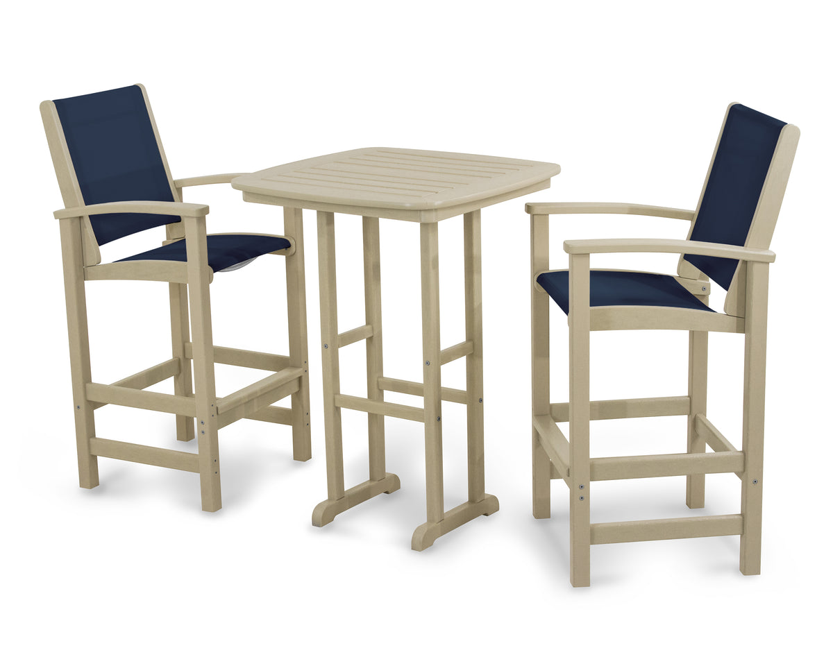 POLYWOOD Coastal 3-Piece Bar Set in Sand / Navy Blue