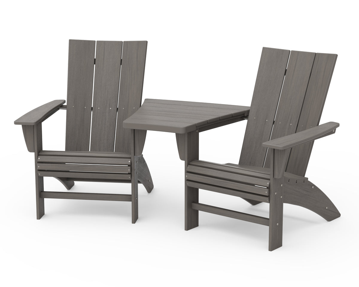 POLYWOOD Modern 3-Piece Curveback Adirondack Set with Angled Connecting Table in Driftwood