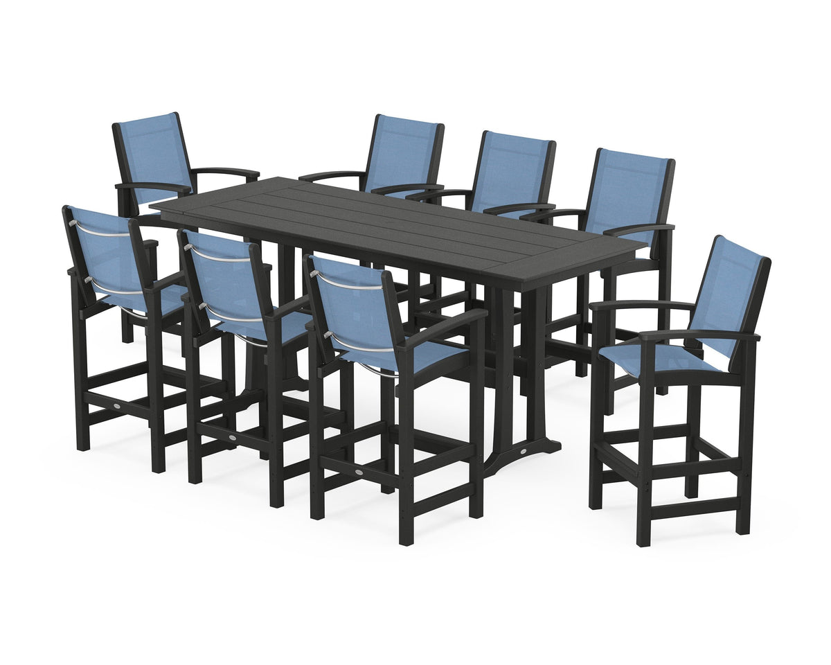 POLYWOOD Coastal 9-Piece Farmhouse Bar Set with Trestle Legs in Black / Poolside