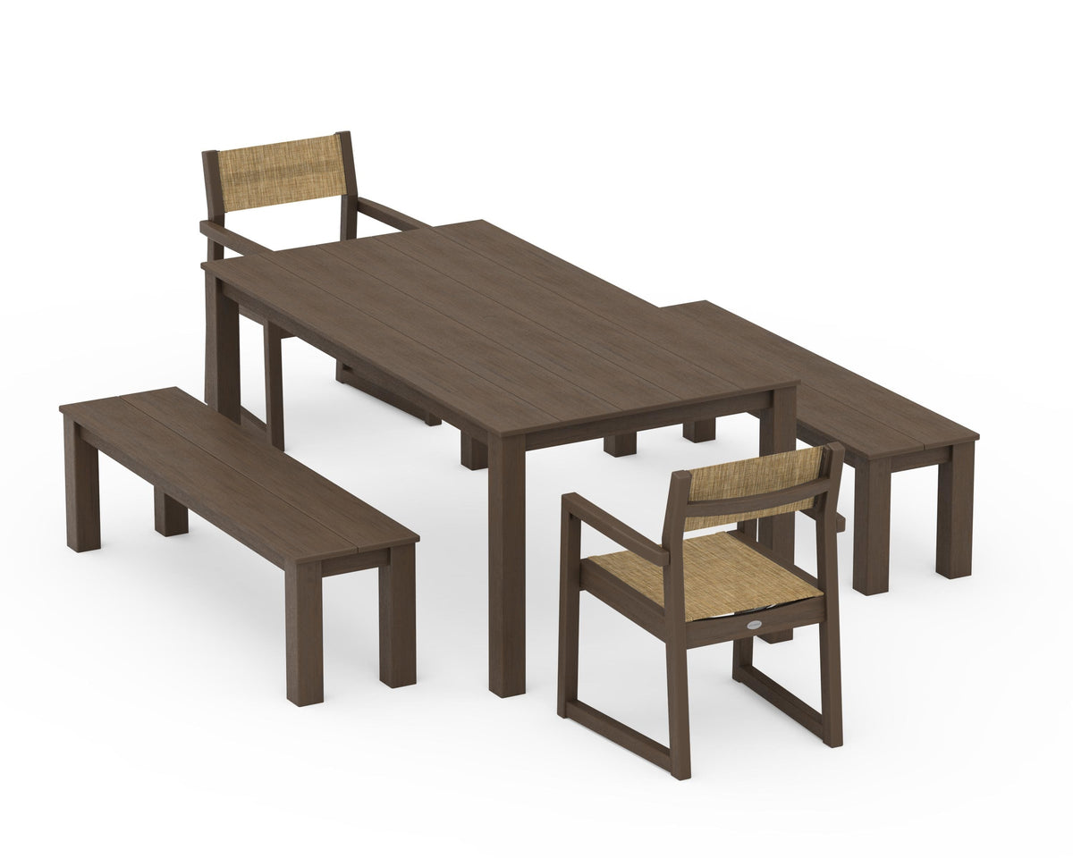 POLYWOOD EDGE Sling Arm Chair 5-Piece Parsons Dining Set with Benches in Kona / Burlap