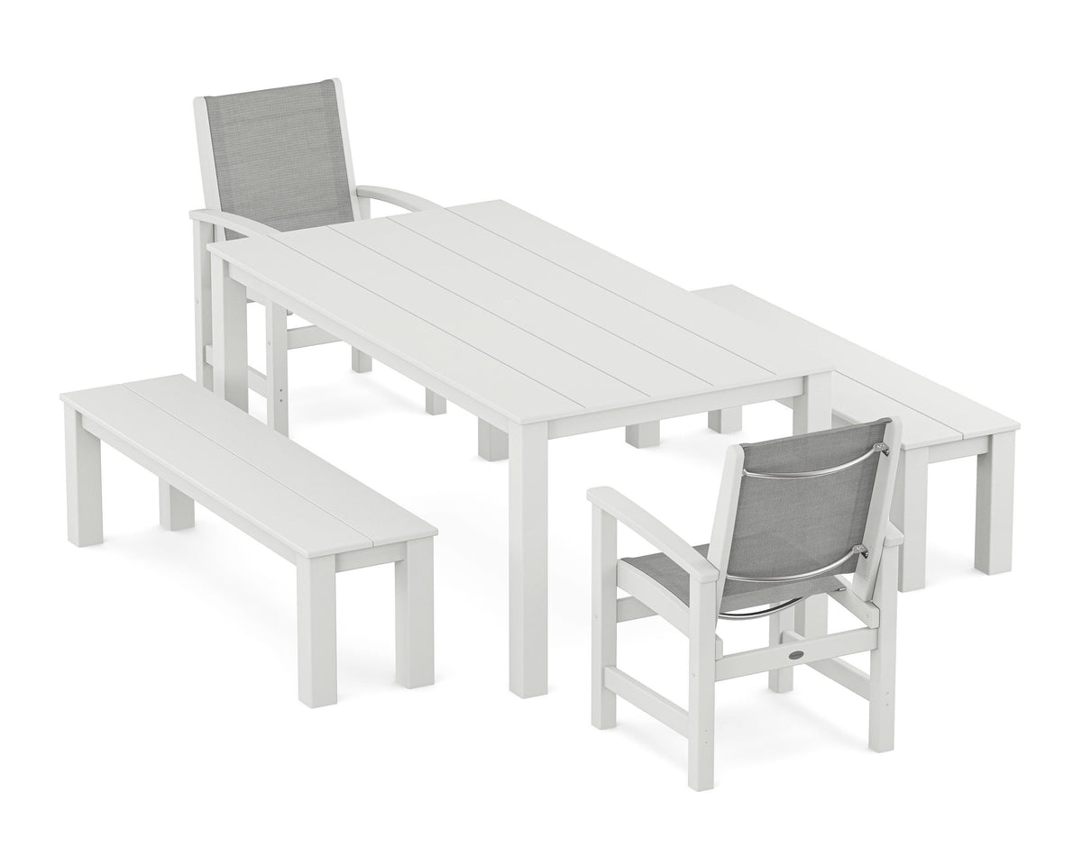POLYWOOD Coastal 5-Piece Parsons Dining Set with Benches in White / Metallic