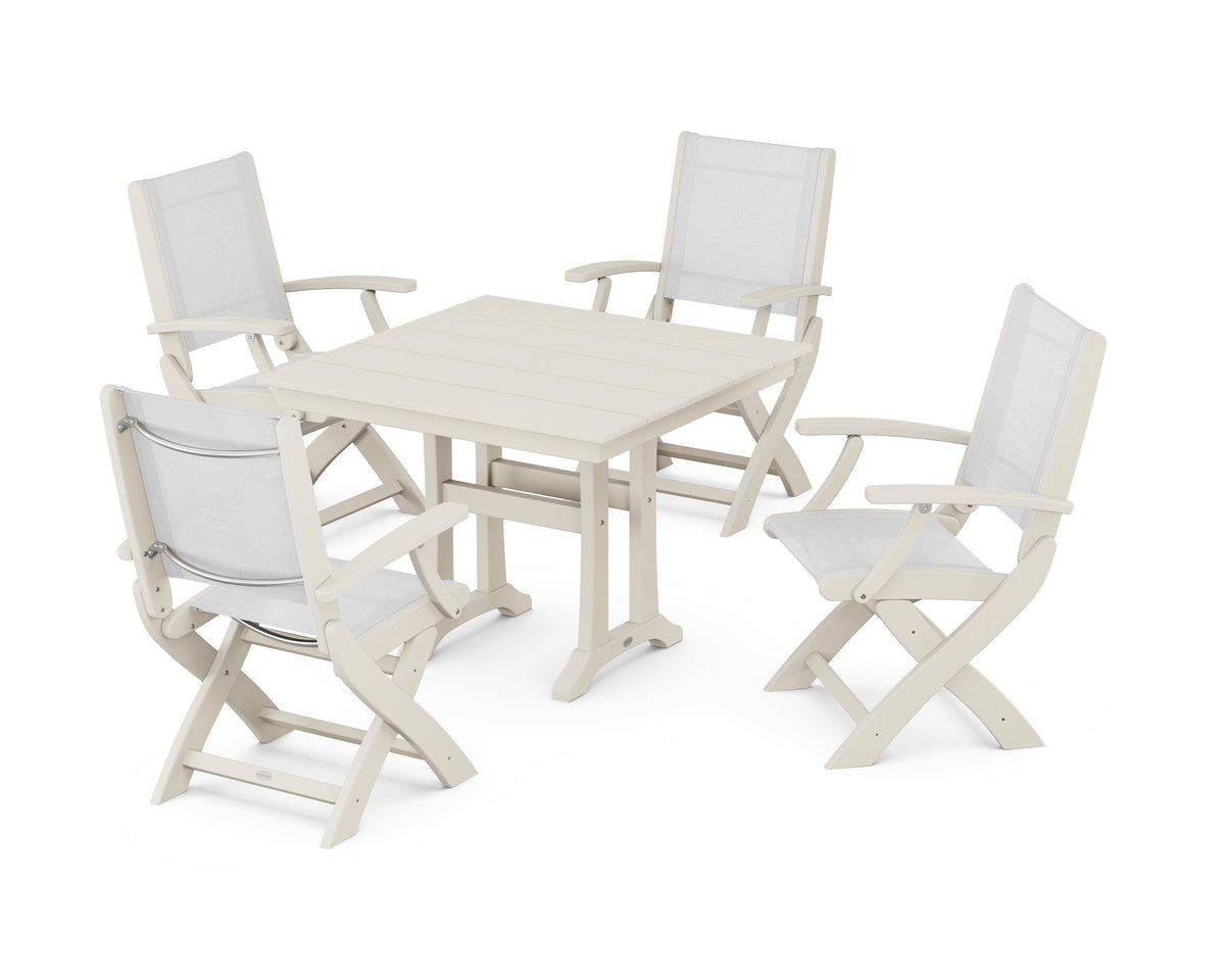 POLYWOOD Coastal Folding Chair 5-Piece Farmhouse Dining Set With Trestle Legs in Sand / White