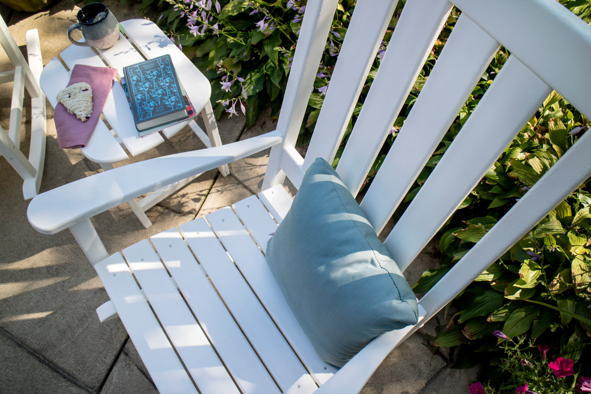 Feature close-up of the POLYWOOD Vineyard 3-Piece Rocking Chair Set with South Beach 18" Side Table in White (2)