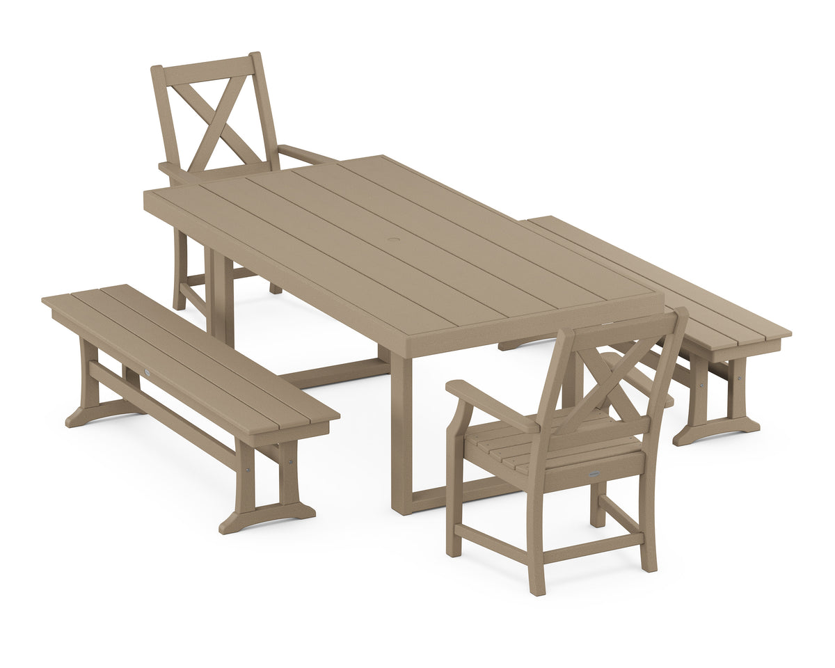 POLYWOOD Braxton 5-Piece Dining Set with Benches - 39" x 78" Table in Vintage Sahara