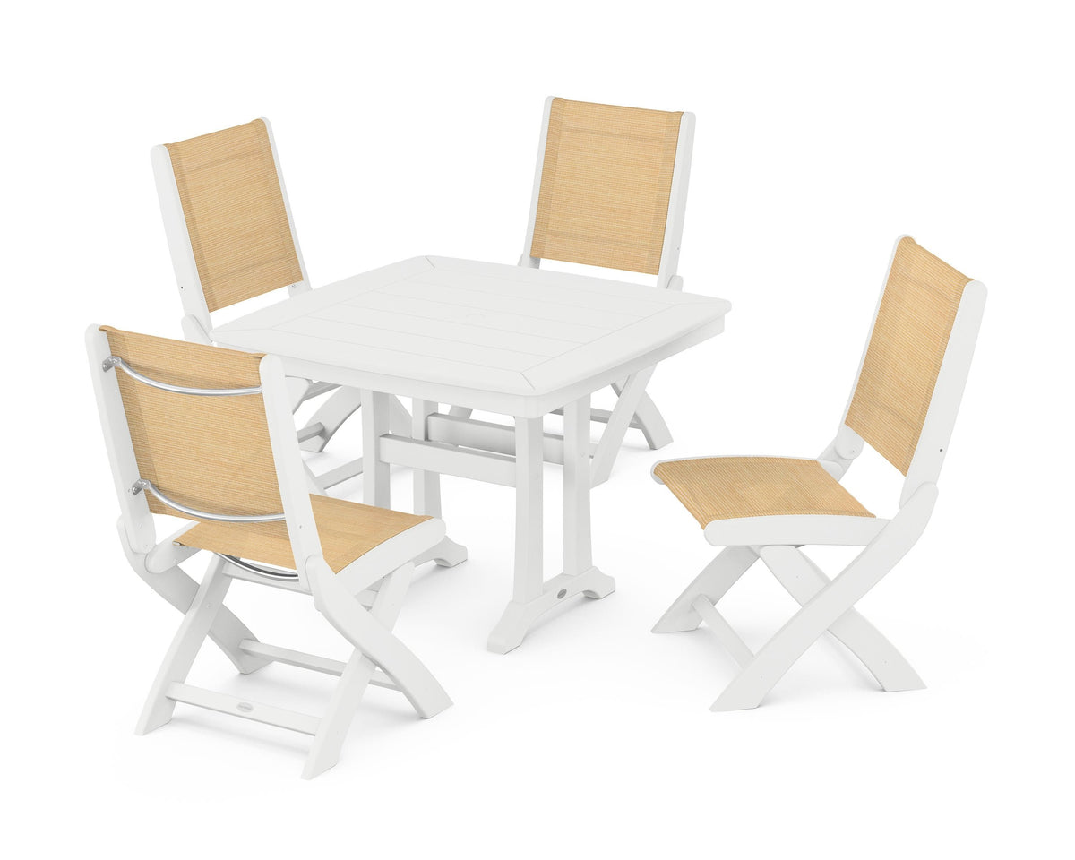 POLYWOOD Coastal Folding Side Chair 5-Piece Dining Set with Trestle Legs in White / Dupioni Apricot