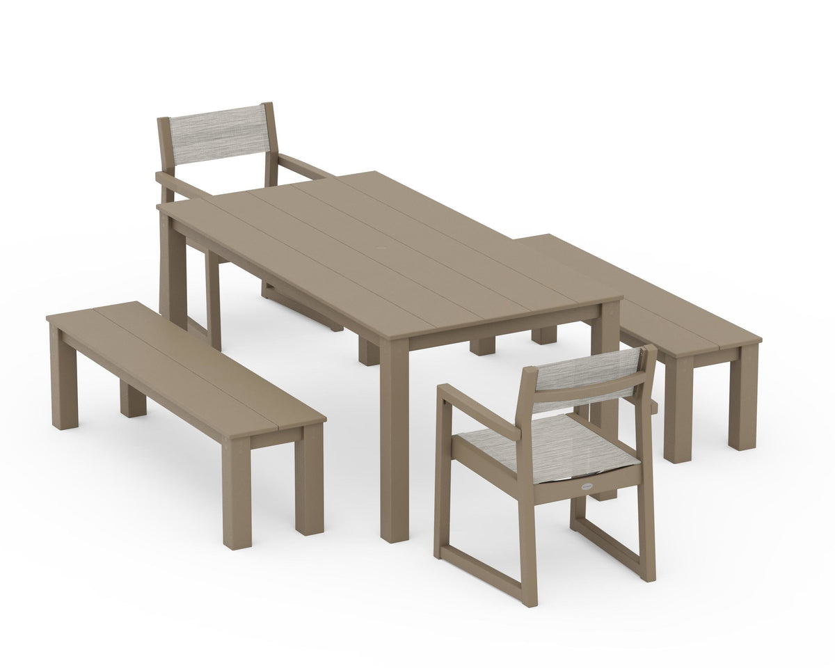 POLYWOOD EDGE Sling Arm Chair 5-Piece Parsons Dining Set with Benches in Vintage Sahara / Birch