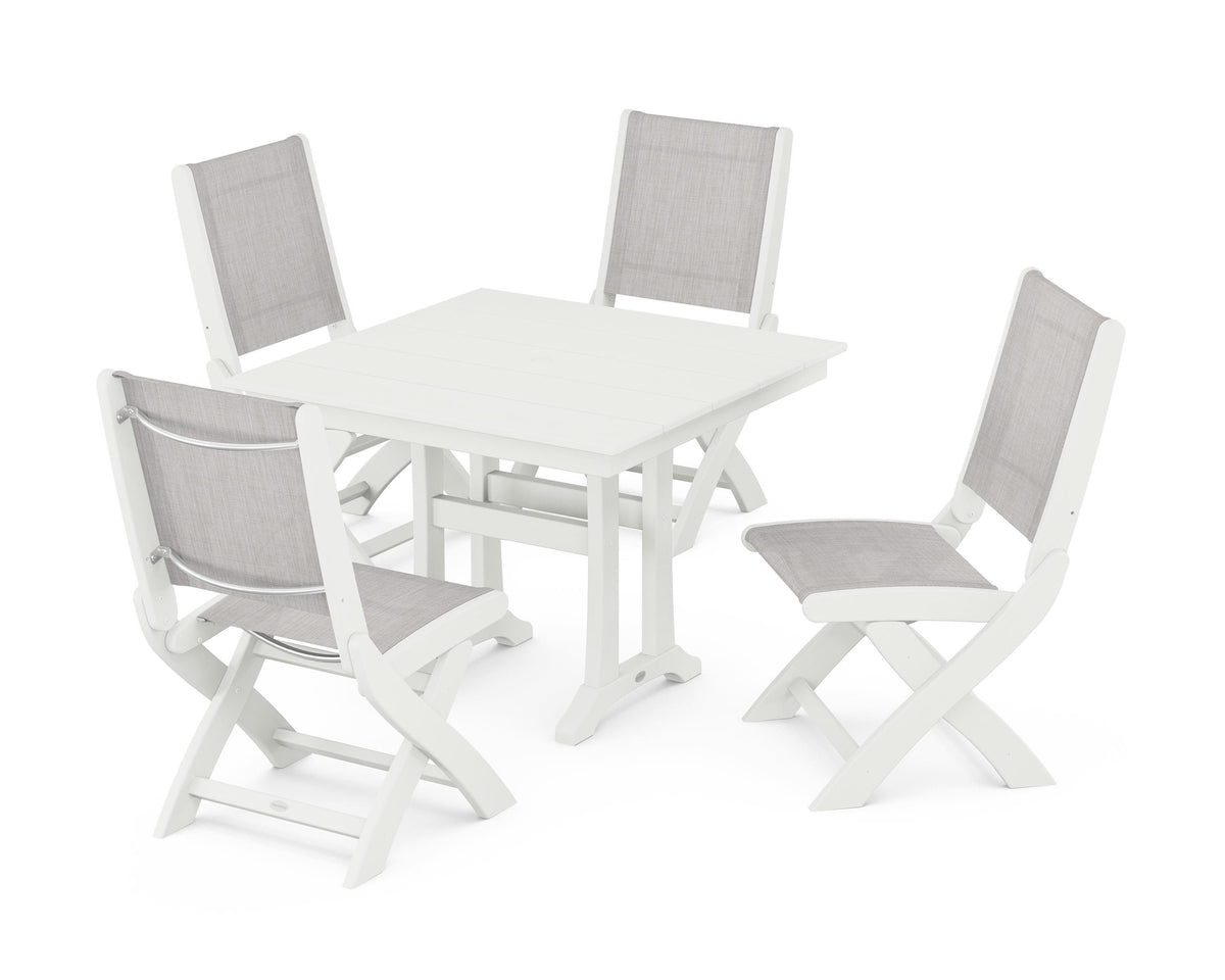 POLYWOOD Coastal Folding Side Chair 5-Piece Farmhouse Dining Set With Trestle Legs in Vintage White / Parchment