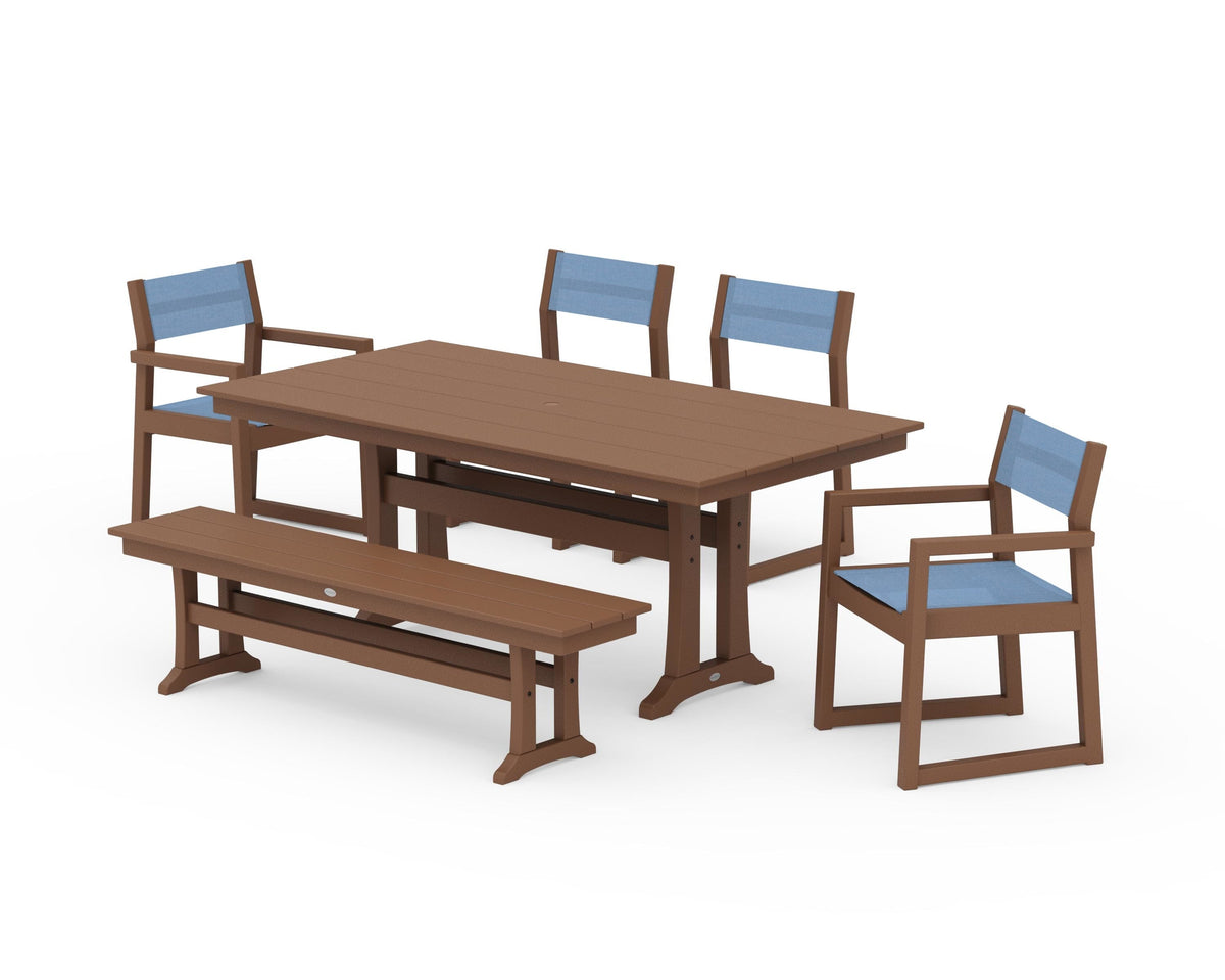 POLYWOOD EDGE Sling 6-Piece Farmhouse Dining Set With Trestle Legs in Teak / Poolside