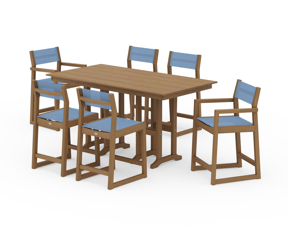 POLYWOOD EDGE Sling 7-Piece Farmhouse Counter Set with Trestle Legs in Natural / Poolside