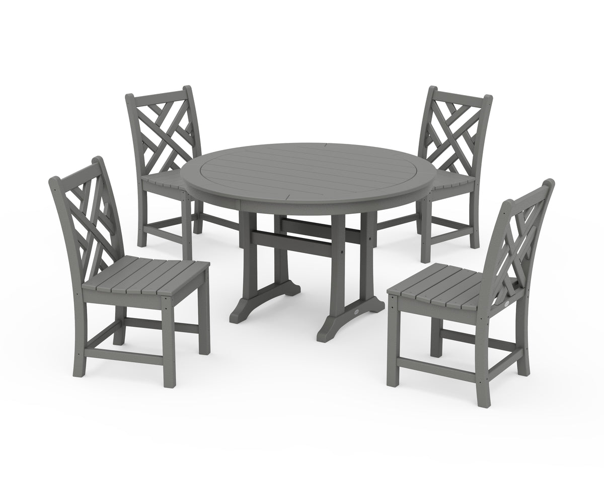 POLYWOOD Chippendale Side Chair 5-Piece Round Dining Set with Trestle Legs in Slate Grey