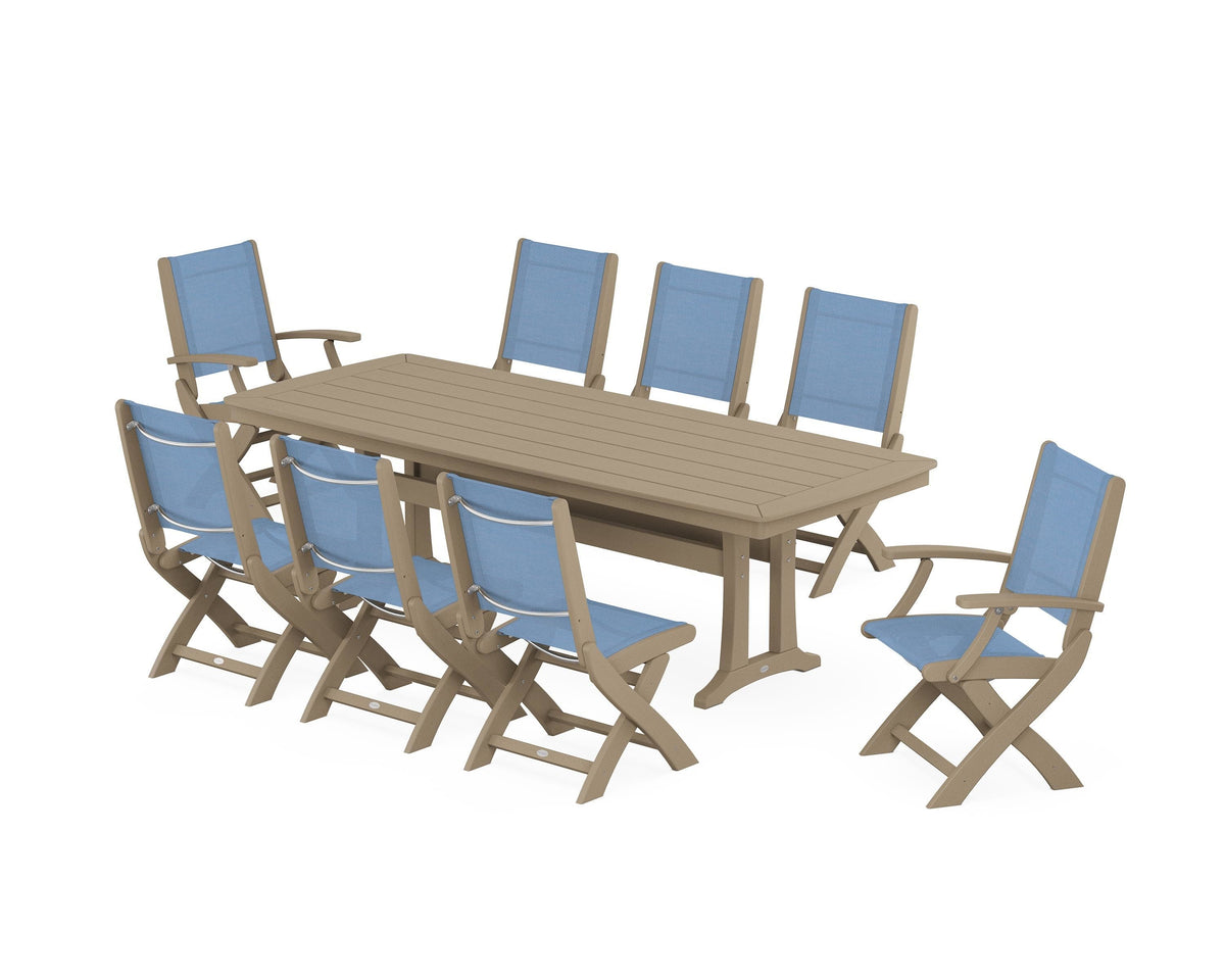 POLYWOOD Coastal Folding 9-Piece Dining Set with Trestle Legs in Vintage Sahara / Poolside