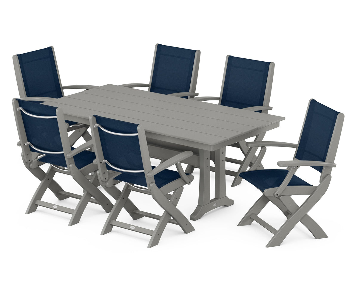 POLYWOOD Coastal Folding Arm Chair 7-Piece Farmhouse Dining Set with Trestle Legs in Slate Grey / Navy Blue
