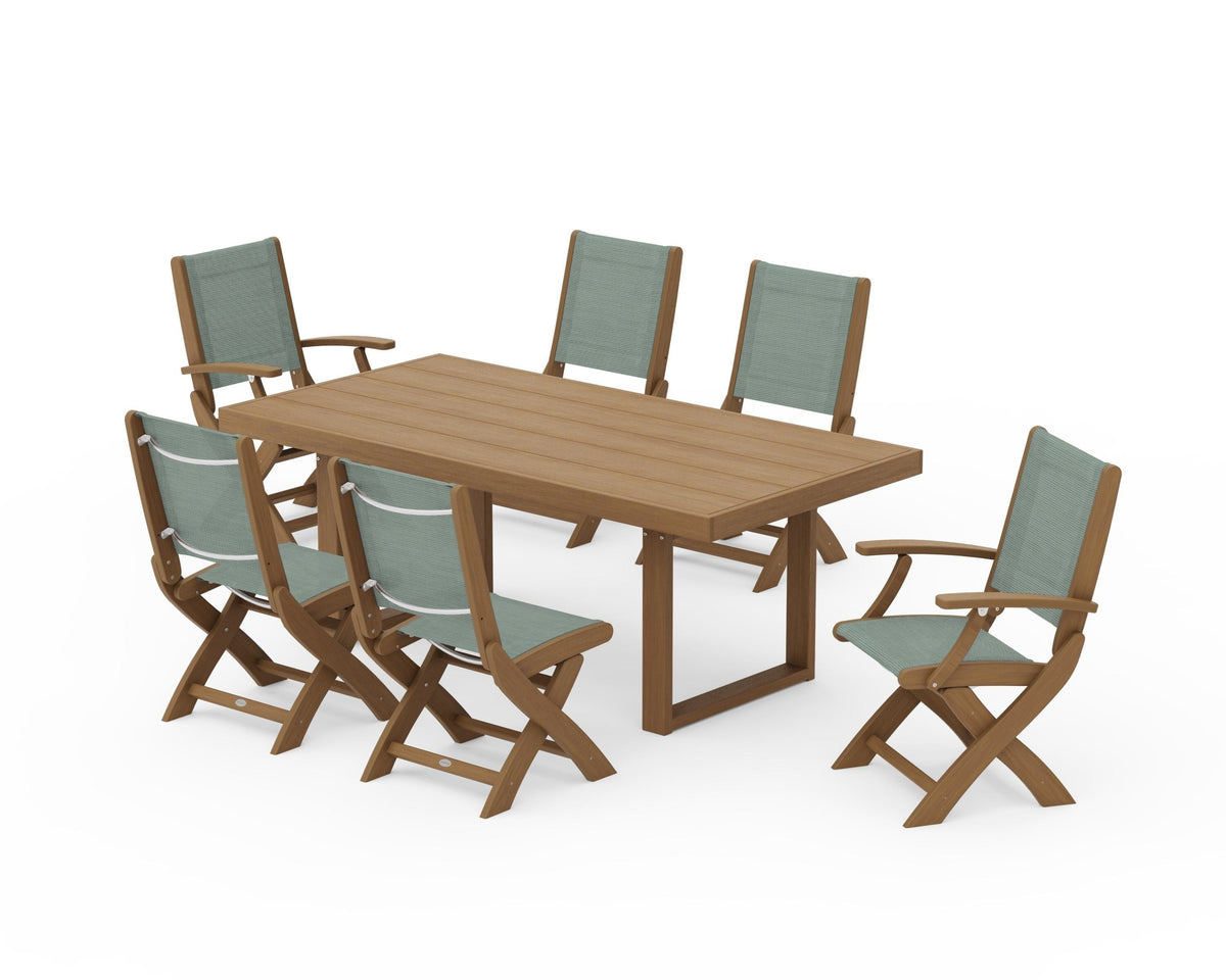 POLYWOOD Coastal Folding Chair 7-Piece Dining Set with Trestle Legs with EDGE 40" x 78" Dining Table in Natural / Dupioni Sea Mist
