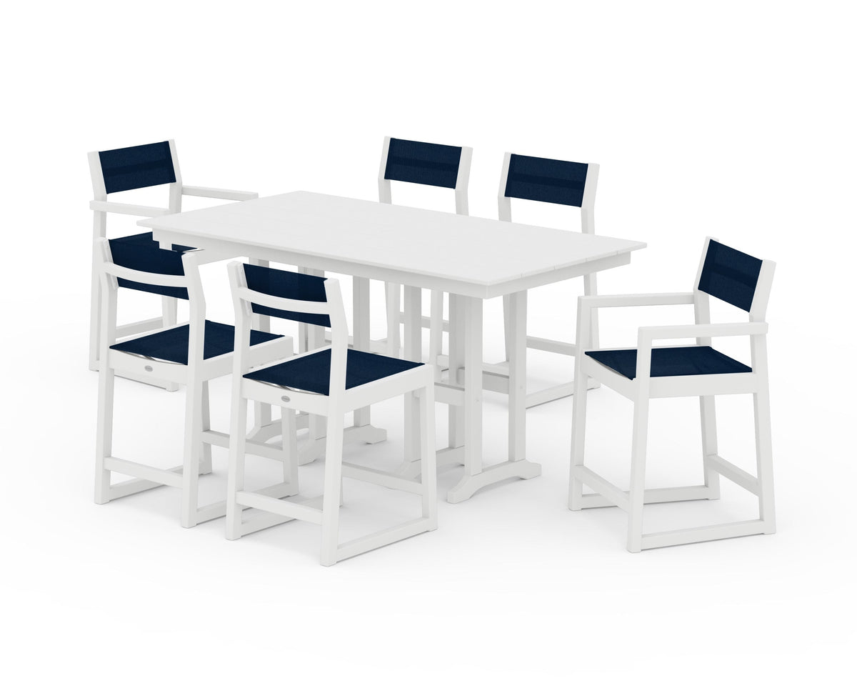 POLYWOOD EDGE Sling 7-Piece Farmhouse Counter Set with Trestle Legs in White / Navy Blue