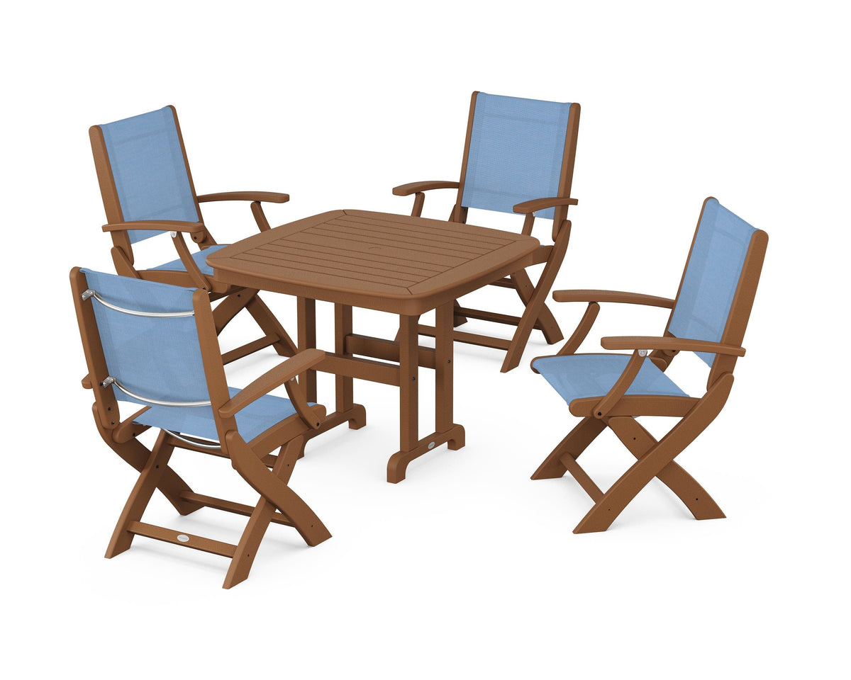 POLYWOOD Coastal Folding Chair 5-Piece Dining Set with Nautical 37" Dining Table in Teak / Poolside