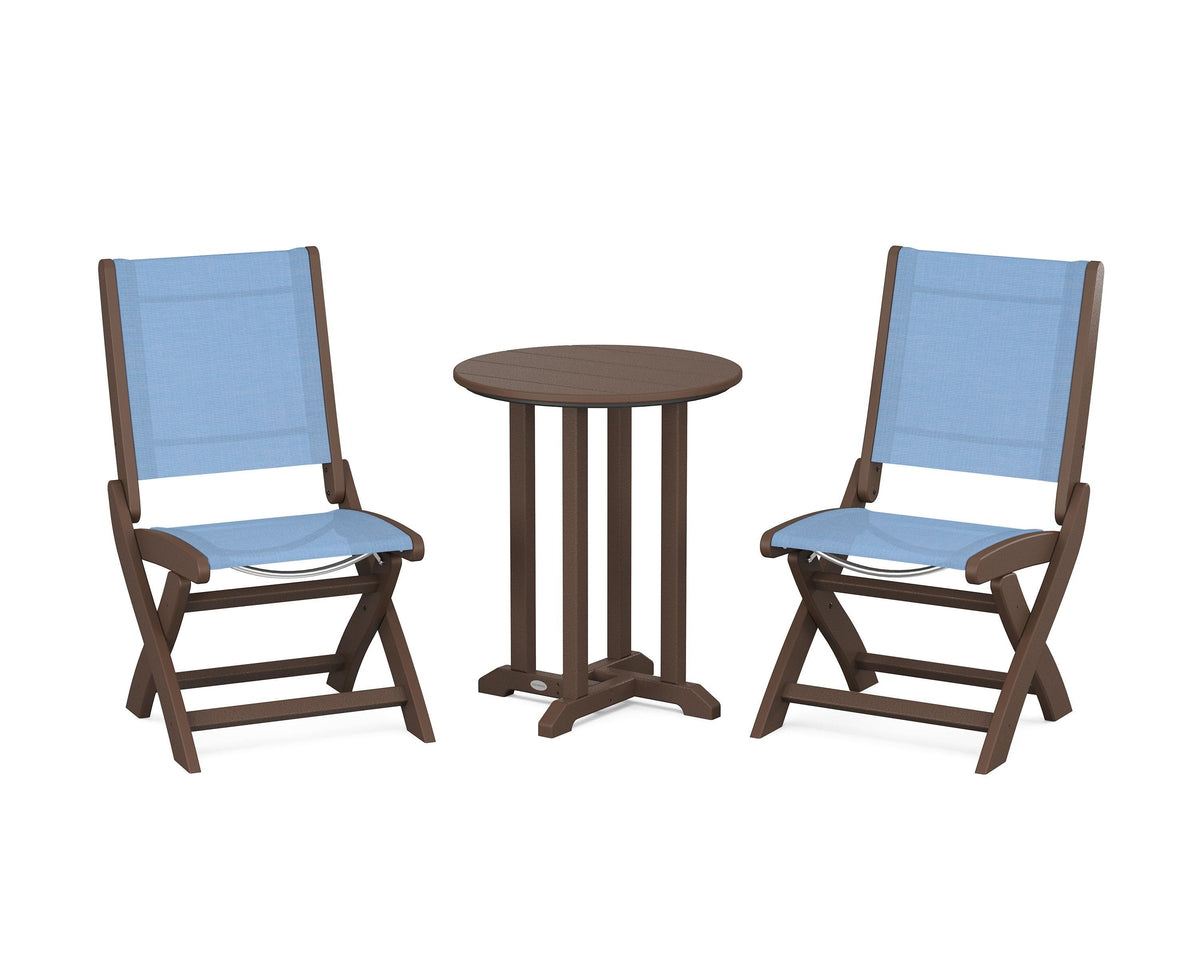 POLYWOOD Coastal Folding Side Chair 3-Piece Round Bistro Dining Set in Mahogany / Poolside
