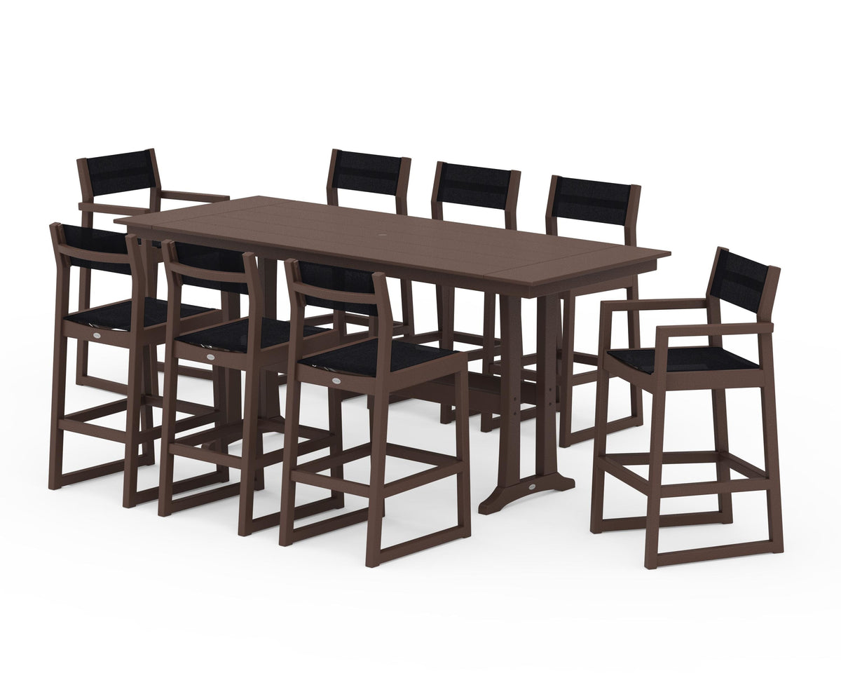 POLYWOOD EDGE Sling 9-Piece Farmhouse Bar Set with Trestle Legs in Mahogany / Black