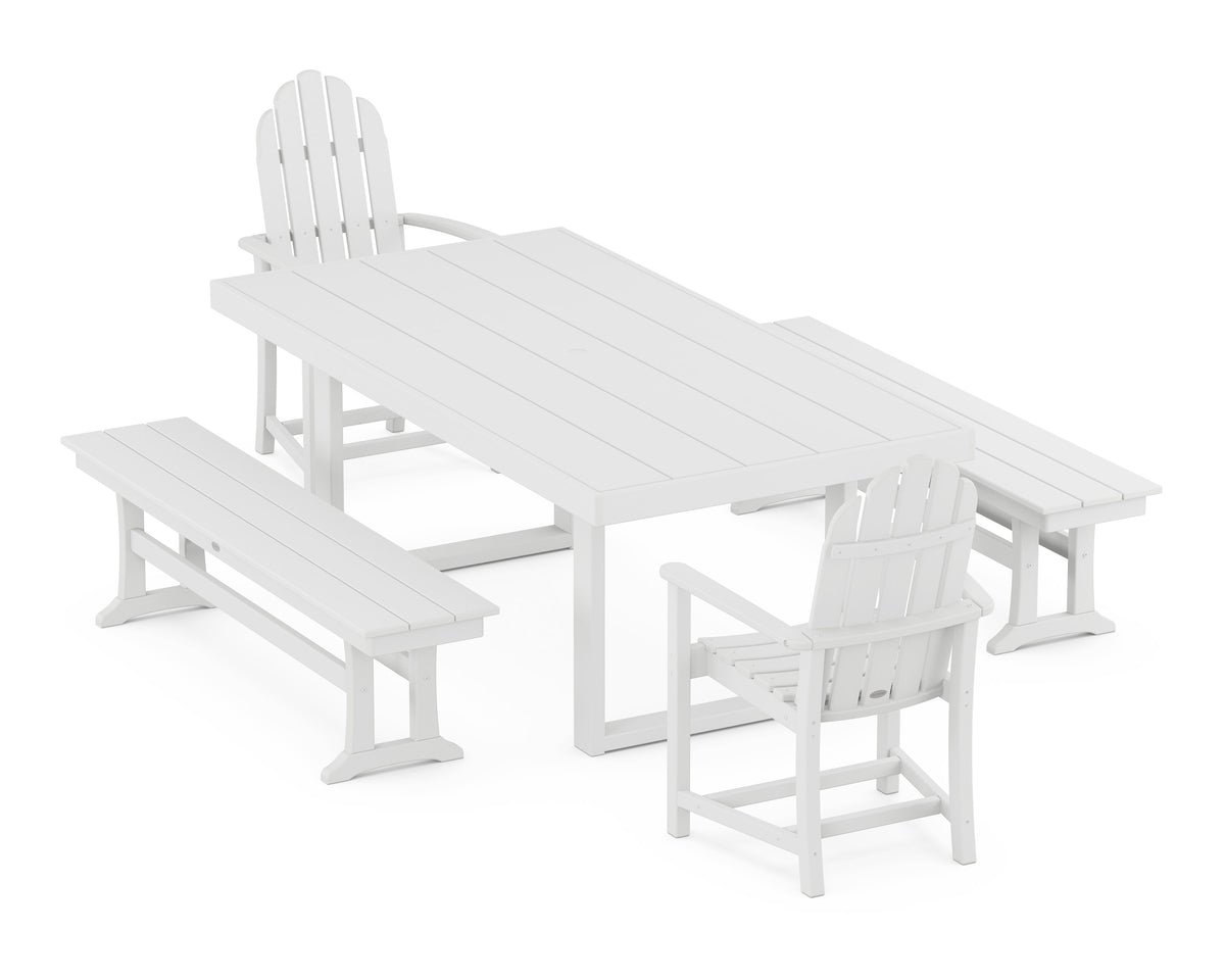POLYWOOD Classic Adirondack 5-Piece Dining Set with Benches - 39" x 78" Table in White