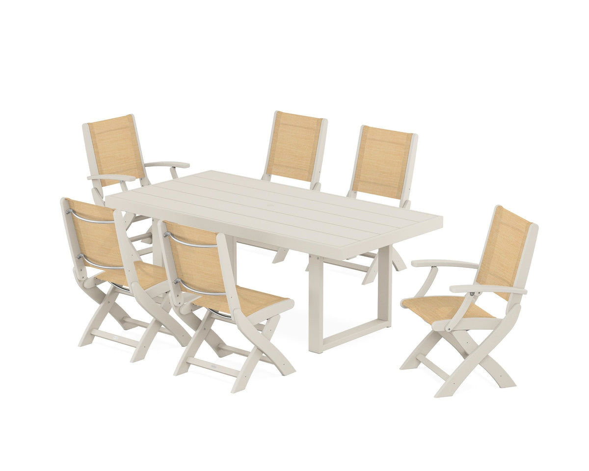 POLYWOOD Coastal Folding Chair 7-Piece Dining Set with Trestle Legs with EDGE 40" x 78" Dining Table in Sand / Dupioni Apricot