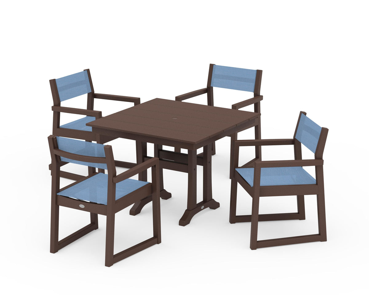 POLYWOOD EDGE Sling 5-Piece Farmhouse Dining Set with Trestle Legs in Mahogany / Poolside