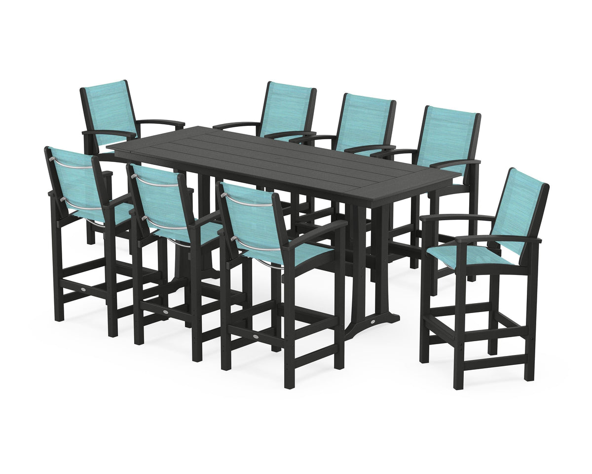 POLYWOOD Coastal 9-Piece Farmhouse Bar Set with Trestle Legs in Black / Dupioni Aquamarine