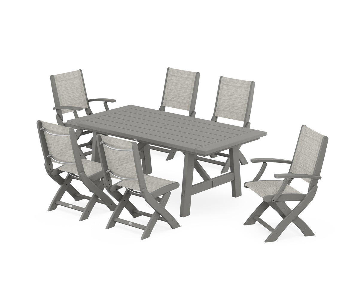 POLYWOOD Coastal Folding Chair 7-Piece Rustic Farmhouse Dining Set in Slate Grey / Birch