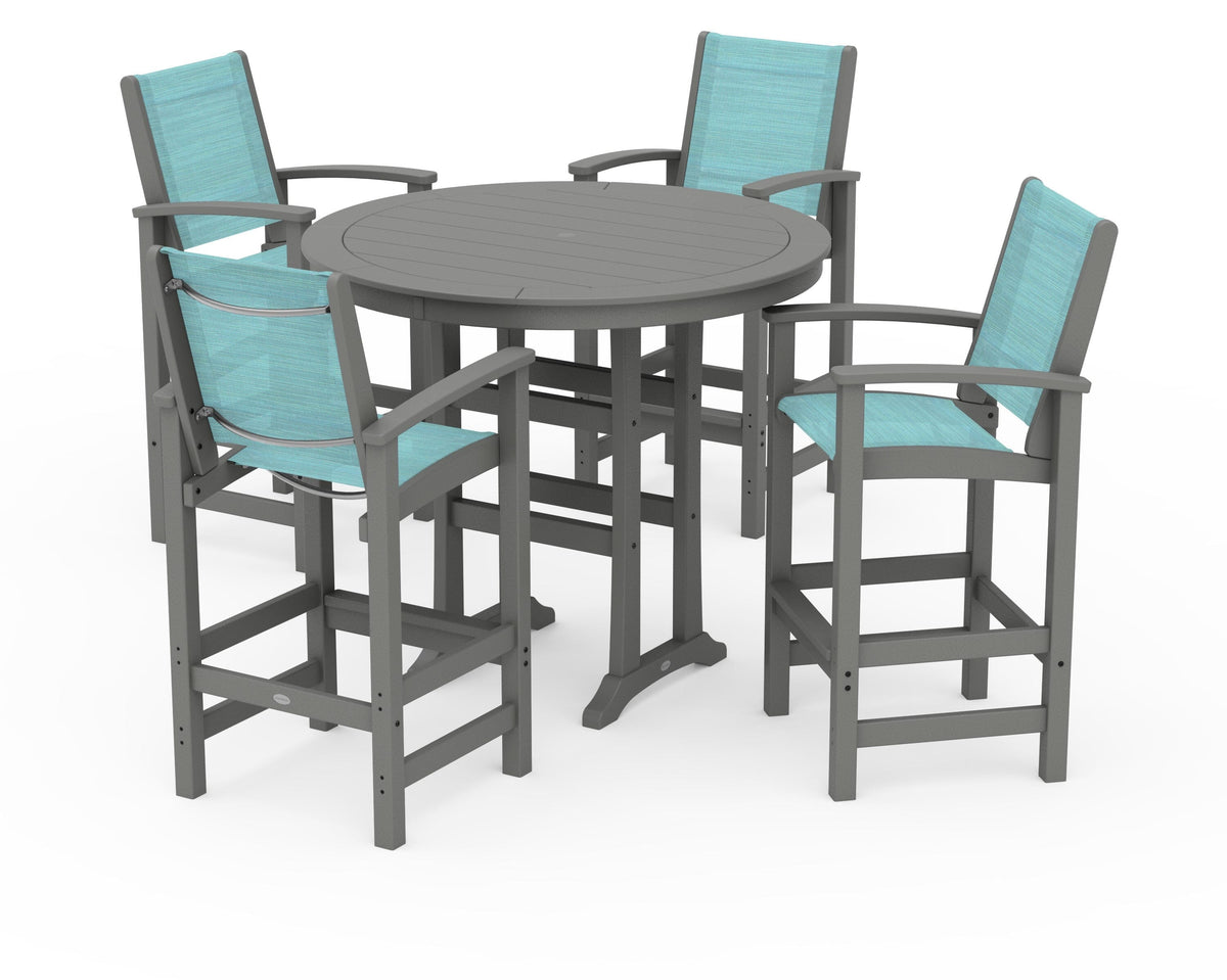 POLYWOOD Coastal 5-Piece Nautical Trestle Bar Set in Slate Grey / Dupioni Aquamarine