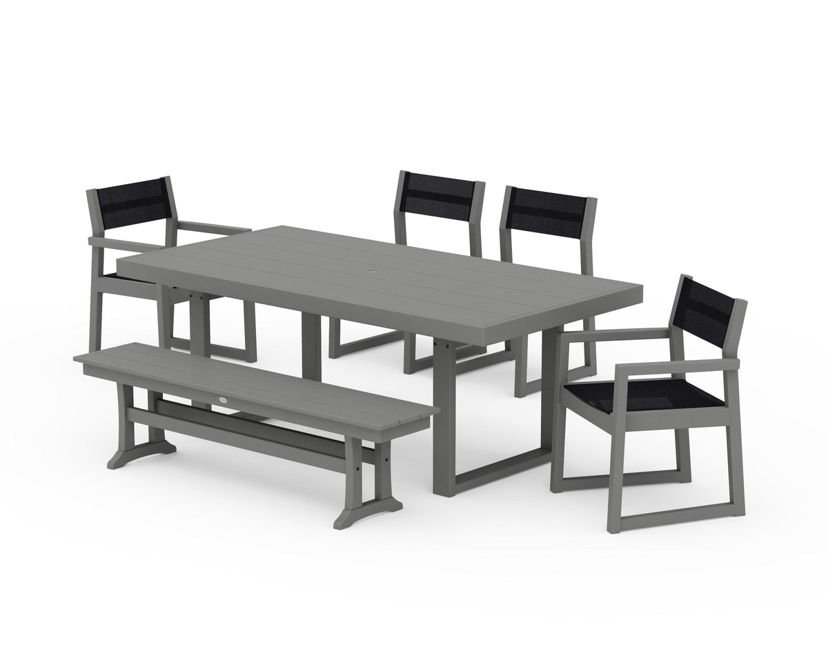 POLYWOOD EDGE Sling 6-Piece Dining Set with Bench in Slate Grey / Black
