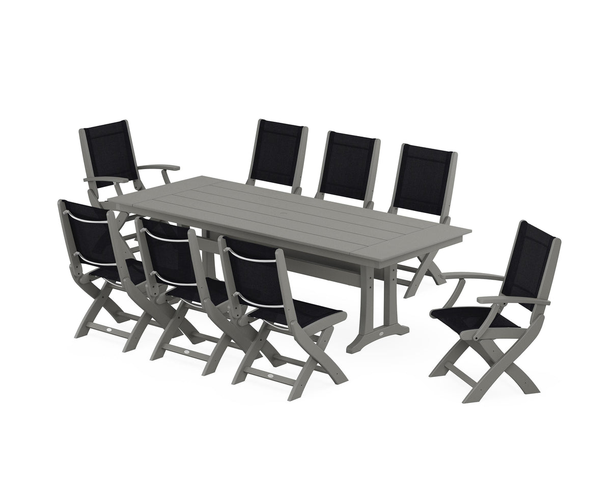 POLYWOOD Coastal 9-Piece Folding Dining Chair Farmhouse Dining Set with Trestle Legs in Slate Grey / Black