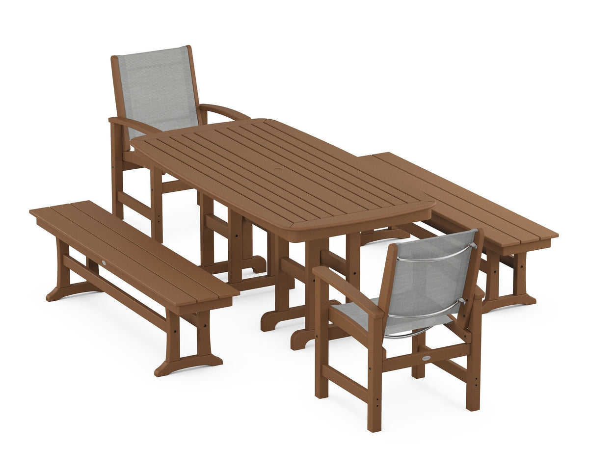 POLYWOOD Coastal 5-Piece Dining Set with Nautical 37" x 72" Dining Table in Teak / Metallic