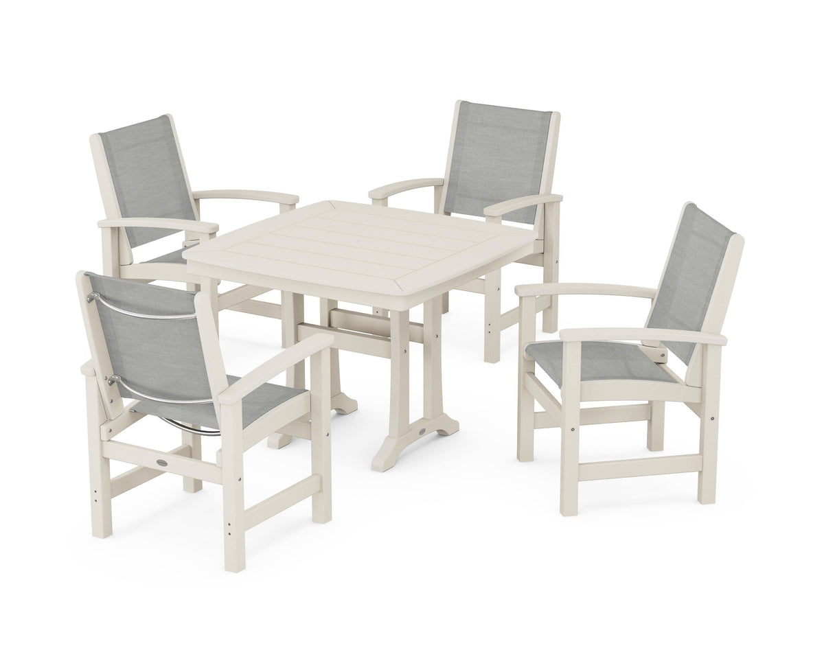 POLYWOOD Coastal 5-Piece Dining Set with Trestle Legs with Nautical Trestle 37" Dining Table in Sand / Metallic