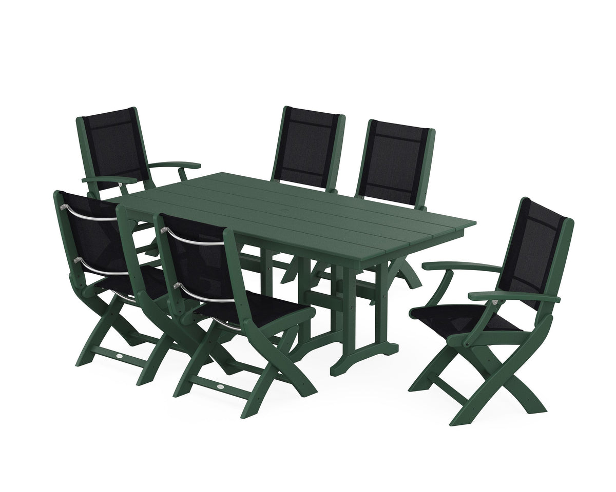 POLYWOOD Coastal Folding Chair 7-Piece Farmhouse Dining Set in Green / Black