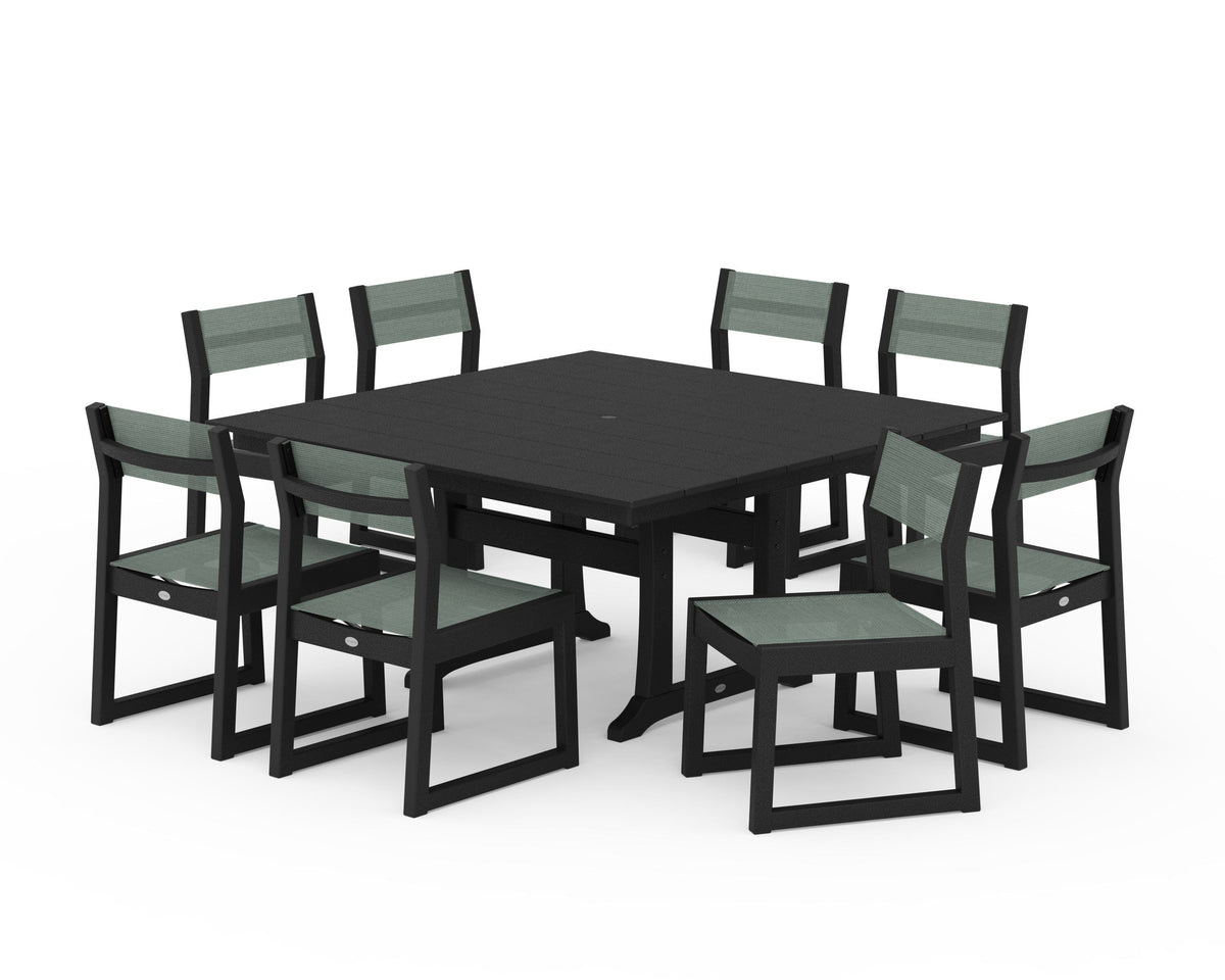 POLYWOOD EDGE Sling Side Chair 9-Piece Farmhouse Trestle Dining Set in Black / Dupioni Sea Mist