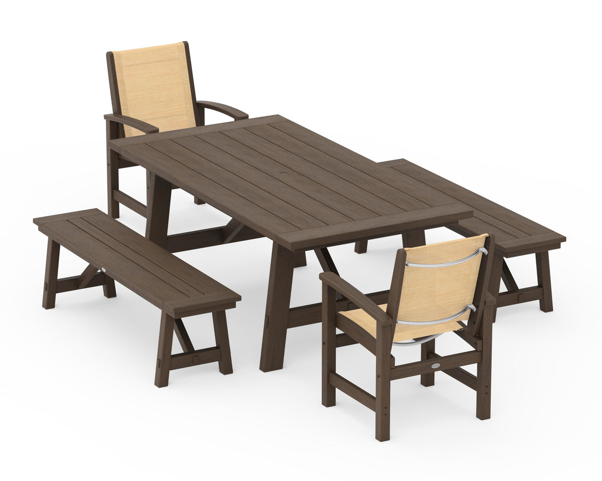 POLYWOOD Coastal 5-Piece Rustic Farmhouse Dining Set With Benches in Kona / Dupioni Apricot