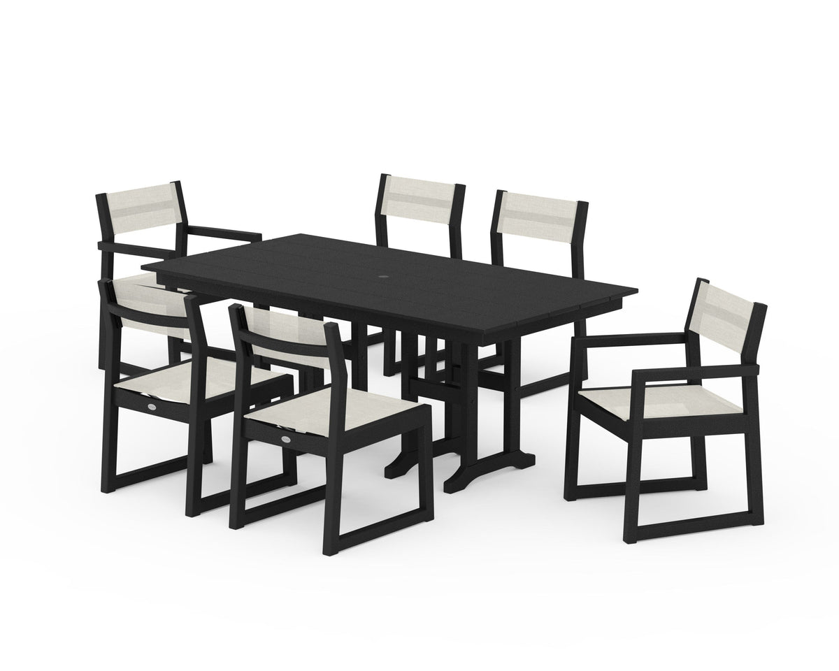 POLYWOOD EDGE Sling 7-Piece Farmhouse Dining Set in Black / Parchment