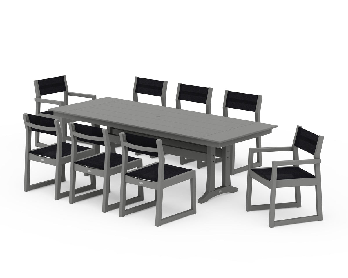 POLYWOOD EDGE Sling 9-Piece Farmhouse Trestle Dining Set in Slate Grey / Black