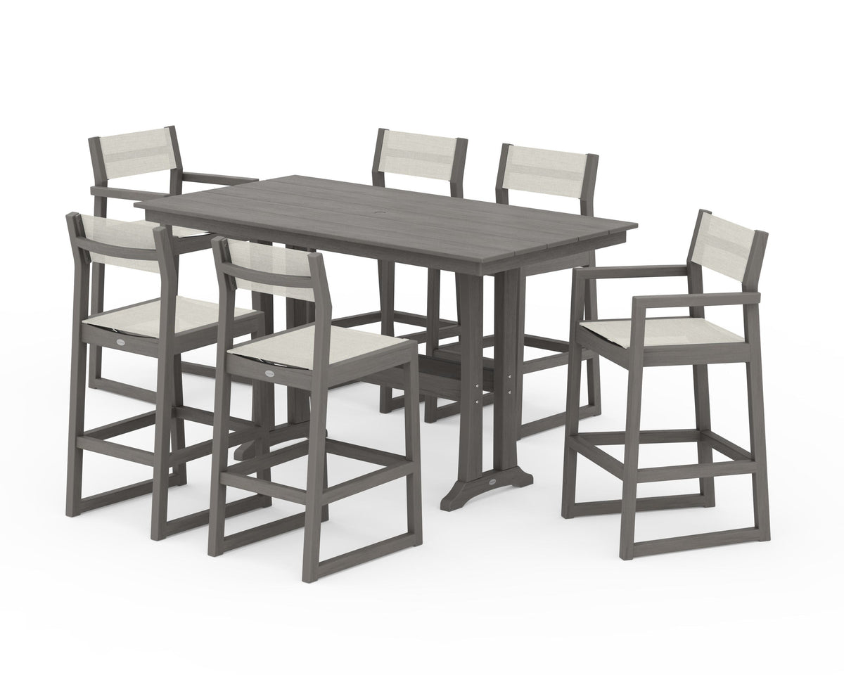POLYWOOD EDGE Sling 7-Piece Farmhouse Bar Set with Trestle Legs in Driftwood / Parchment