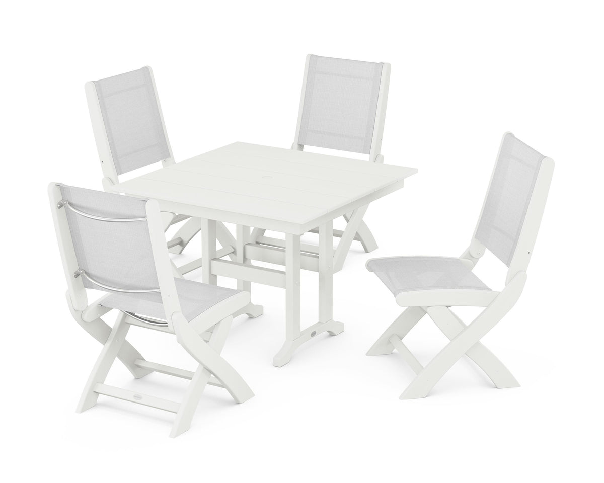 POLYWOOD Coastal Folding Side Chair 5-Piece Farmhouse Dining Set in Vintage White / White